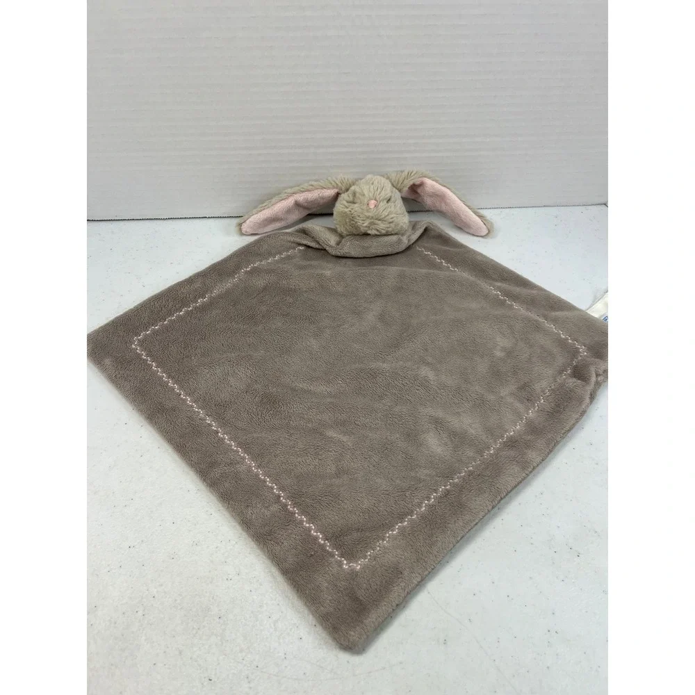 Pottery Barn Kids Bunny Lovey Security Blanket gray Brown Pink Trim Plush 11x11